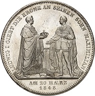 No. 5053: Bavaria. Louis I, 1825-1848. Double convention taler 1848 celebrating handing over the crown to his son. The rarest Bavarian double geschichtstaler. Nearly FDC. Estimate: 3,000 euros.