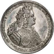 Mecklenburg-Schwerin. Friedrich Wilhelm I. Medal struck in 1701 in celebration of the Treaty of Hamburg. INCLUDING EDGE LETTERING unique. Extremely fine. From Künker Auction 314 (October 9, 2018), no. 4099. Estimate: 10,000 euros.