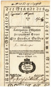 Lot 5273. Aerarische Anticipations- & Domestical-Obligation at 100 guldens from the duchy of Steyer 1767, and Lot 5274. Wiener Stadtbanco 10 guldens 1784.