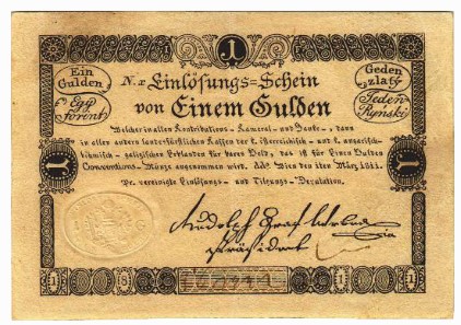Lot 5282. Einlösungsschein at 1 gulden 1811, and Lot 5283. Anticipationsschein at 2 guldens 1813.