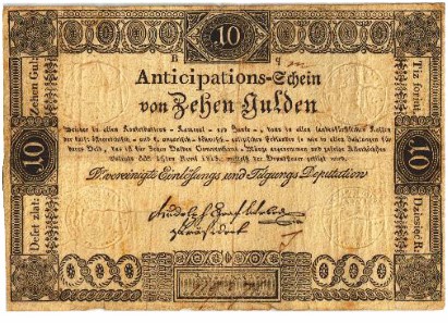 Lot 5282. Einlösungsschein at 1 gulden 1811, and Lot 5283. Anticipationsschein at 2 guldens 1813.