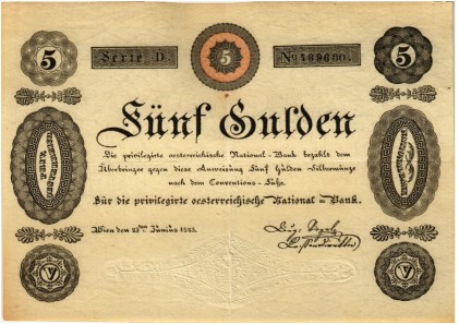 Lot 5284. “Privilegirte Österreichische Nationalbank”, 5 guldens 1825.