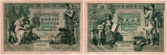 Lot 5310. Österreichisch-Ungarische Bank, 100 guldens/forints 1880 // Lot 5314. 100 kronen/corona 1902.