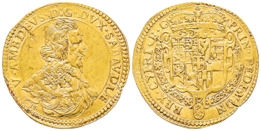 No. 1527 – Victor Amadeus I, 1630-1637. Quadrupla, type III, Turin, 1634. Extremely rare. Very fine + / Extremely fine. Estimate: 50,000 euros.