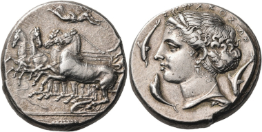 Lot 53: Sicily. Syracuse. Dionysios I, 405-367 BC. Tetradrachm, unsigned but by Parmenides, c. 395. Very rare. Extremely fine. Estimated: 37,500 CHF.