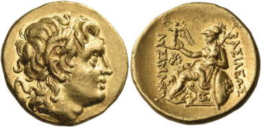 Lot 82: Kings of Thrace. Ptolemy Keraunos, 281-279 BC. Stater in the name and with the types of Lysimachos, Lysimacheia, 281-280. Of the greatest rarity, the second known example. Some very minor marks on the reverse, perhaps at the time of minting, otherwise, virtually as struck. Estimated: 32,500 CHF.