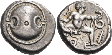 Lot 124: Boeotia. Thebes. Stater, circa 425-395 BC. Nearly extremely fine. Estimated: 15,000 CHF.