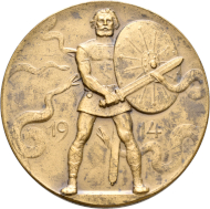 Medal featuring a bearded Germanic warrior holding a sword and shield, surrounded by 5 snakes, 1914. Landesmuseum Württemberg, Stuttgart.