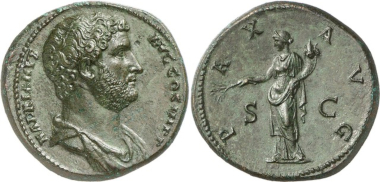 The most expensive Roman coin: A sestertius of Hadrian, probably the work of Antoninianos of Aphrodisias. Sold for 2 million Swiss francs at Numismatica Genevensis Auction 5 (2008), No. 233.