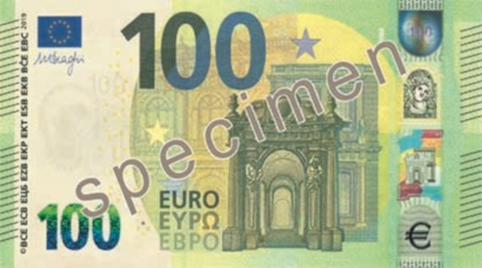 100 euros - Green. 147 x 77 mm. Press office of the European Central Bank.