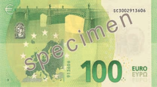 100 euros - Green. 147 x 77 mm. Press office of the European Central Bank.