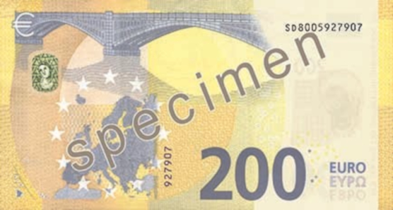 200 euros – Yellow-Brown. 153 x 77 mm. Press office of the European Central Bank.