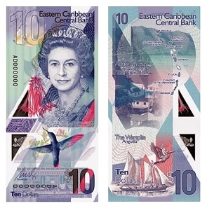 The new $5 and $10 banknotes issued by the ECCB. Image: Eastern Caribbean Central Bank.