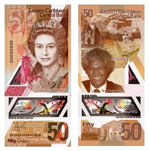 The new $50 and $100 banknotes issued by the ECCB. Image: Eastern Caribbean Central Bank.