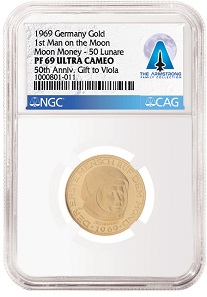 This gold medal minted in 1969 in celebration of the 50th wedding anniversary of Armstrong’s mother.