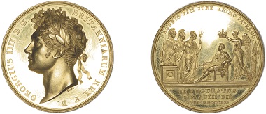 Benedetto Pistrucci: Coronation of George IV, 1821, gold, 35mm. © Trustees of the British Museum. Pistrucci came to England in 1815. From 1817 until his death in 1855 he was Chief Engraver / Medallist at the Royal Mint.