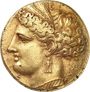 No. 25: Carthage. Electrum-tristater, ca. 260 B.C., unknown mint in Sicily. From Sternberg Auction 20 (1988), no. 508. Jenkins knows of only 16 specimens, 10 of which are part of public collections. Spectacular Greek electrum coin weighing 22.40 g. Extremely fine. Starting price: 300,000 CHF.