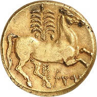 No. 25: Carthage. Electrum-tristater, ca. 260 B.C., unknown mint in Sicily. From Sternberg Auction 20 (1988), no. 508. Jenkins knows of only 16 specimens, 10 of which are part of public collections. Spectacular Greek electrum coin weighing 22.40 g. Extremely fine. Starting price: 300,000 CHF.