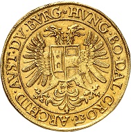 No. 129: Holy Roman Empire. Rudolph II, 1576-1612, or Mathias II, 1612-1619. 10 ducats, undated, Prague. Extremely fine. Starting price: 150,000 CHF.