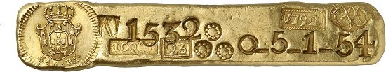 No. 152: Brazil. Maria I, 1786-1805. Gold bar 1792, Sabara. From the A.M. Huntington and the Hispanic Society of America (HAS 1001.57.5790) Collections. An outstanding piece of illustrious origin. Extremely fine. Starting price: 200,000 CHF.