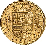 No. 179: Spain. Philipp IV, 1621-1665. 8 escudos 1637, Segovia. Extremely rare. Extremely fine. Starting price: 125,000 CHF.