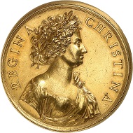No. 540: Sweden. Christine, 1632-1654. Gold medal of Giovanni Battista Guglielmada, undated (around 1685). From the Sacha Guitry Collection, Bourgey Auction (May 1963), no. 137. A unique medal with exceptional provenance. Extremely fine. Starting price: 75,000 CHF.