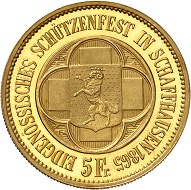 No. 546: Switzerland. Schaffhausen. 5 Francs 1865, off-metal strike in gold. Only two specimens! The most beautiful of the two. FDC. Starting price: 150,000 CHF.