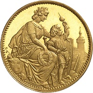 No. 546: Switzerland. Schaffhausen. 5 Francs 1865, off-metal strike in gold. Only two specimens! The most beautiful of the two. FDC. Starting price: 150,000 CHF.