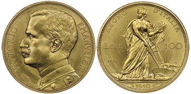 Vittorio Emanuele III. Trial piece of 100 lire, Rome, 1910 R. Extremely rare. NGC Proof66. Estimate: 150,000 euros. From Gadoury Auction (November 17, 2018), no. 1759. Diameter 38 mm.