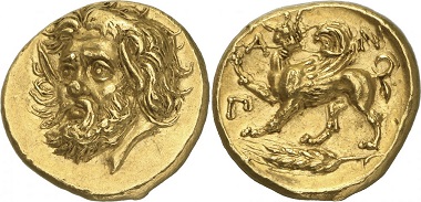 This Pantikapaion gold stater set a world record price at 3.25 million U.S. dollars.