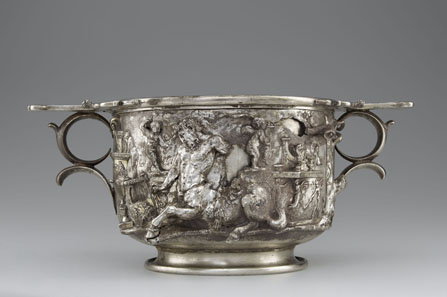 Cup with Centaurs and Cupids. Roman, 1-100 CE. Inscription: MERCVRIO AVGVSTO Q DOMITIVS TVTVS EX VOTO (To Augustan Mercury, Quintus Domitius Tutus in fulfillment of a vow). Findspot: Berthouville, France. Silver and gold. H. 11.7 cm; D. 18.5 cm; Diam. (of rim) 15 cm. Bibliothèque nationale de France, Paris: inv. 56.6. Image: Tahnee Cracchiola © Getty-BnF.