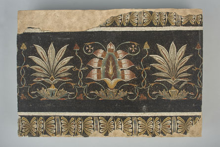 Mosaic with Lotuses and Palmettes. Roman, 125-133 CE. Find-spot: Hadrian’s Villa, Tivoli, Italy. Stone and glass. H. 22.5 cm; L. 32.5 cm. Bibliothèque nationale de France, Paris: inv. 57.261. Image © BnF.