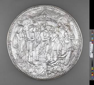 Plate with the Embassy to Achilles (The Shield of Scipio). Roman, 375-400 CE. Find-spot: In the Rhône, near Avignon, France. Silver and gold, diam. 71 cm. Bibliothèque nationale de France, Paris: Inv. 56.344. Photo: © BnF.