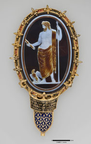Cameo of Jupiter (The Cameo of Chartres) Set in Fourteenth-Century Mount. Roman, ca. 50 CE. Rome, mounted in Paris. Sardonyx; gold and enamel mount. H. 15.2 cm; L. 6.5 cm. Bibliothèque nationale de France, Paris: Camée.1. Photo: © Bnf.