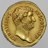 Aureus issued for Sabina, Wife of Hadrian: (obverse) Bust of Hadrian; (reverse) Seated Concordia Holding a Libation Bowl. 129-37 CE. Minted in Rome, RIC III Hadrian 933B. Gold. Bibliothèque nationale de France, Paris: Beistegui 85. Image © BnF.