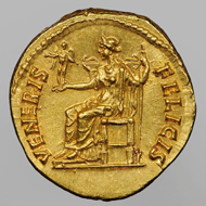 Aureus issued for Sabina, Wife of Hadrian: (obverse) Bust of Hadrian; (reverse) Seated Concordia Holding a Libation Bowl. 129-37 CE. Minted in Rome, RIC III Hadrian 933B. Gold. Bibliothèque nationale de France, Paris: Beistegui 85. Image © BnF.