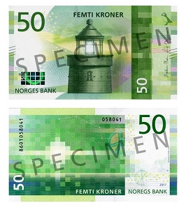 The new 50 Kroner banknote features the Utvaer fyr lighthouse. Photo: Norges Bank.