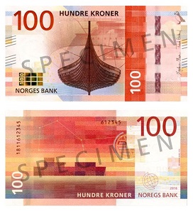 The updated 100 Kroner banknote was issued in 2017. Photo: Norges Bank.