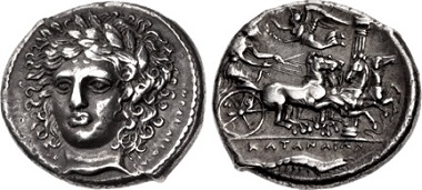 Lot 120: Sicily, Katane. Tetradrachm, circa 405-403/2 BC. From the Gasvoda Collection. Ex Billoin Collection (Rollin et Feuardent, 22 March 1886). Good VF, lovely old collection tone, a few marks under tone. Very Rare. Estimated at $100,000.