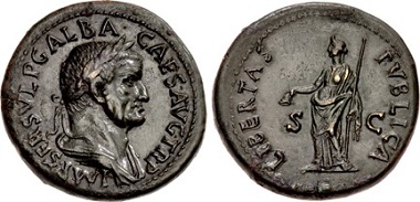 Lot 1036: Galba. AD 68-69. Sestertius, struck circa August-October AD 68, Rome mint. Ex Leu 18 (5 May 1977), lot 304. EF, wonderful dark green patina. Bold portrait. Estimated at $30,000.
