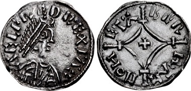 Lot 1368: Anglo-Saxon, Kings of Wessex. Alfred the Great. 871-899. Penny. Cross-and-Lozenge type (BMC v). Uncertain mint; Beorheah(?), moneyer. Struck circa 877-880s. Near EF, darkly toned. Unrecorded moneyer for issue. Extremely rare. Estimated at $20,000.