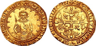 Lot 1406: Plantagenet (Anglo-Gallic). Edward the Black Prince. As Prince of Aquitaine, 1362-1372. Hardi d’or-Guyennois, struck circa 1368-1371/2, Bordeaux mint. In NGC encapsulation, 4833043-001, graded MS 64. Superb portrait. Rare. Estimated at $15,000.