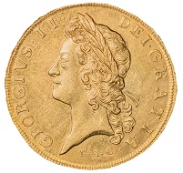 George II (1727-1760), London, 1729, Five Guineas, w. 41.8 g, diam. 37 mm.
