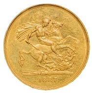Victoria (1837-1901), London, 1887, Five Pounds, w. 39.9 g, diam. 36 mm.