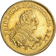 No. 67: Brandenburg-Prussia. Frederick II, 1740-1786. Double Friedrichs d’or 1753 C, Cleve. Extremely rare. Extremely fine. Estimate: 50,000 euros.