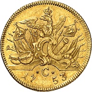 No. 67: Brandenburg-Prussia. Frederick II, 1740-1786. Double Friedrichs d’or 1753 C, Cleve. Extremely rare. Extremely fine. Estimate: 50,000 euros.