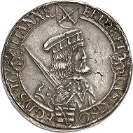 No. 378: Saxony. Frederick III the Wise, George and John, 1500-1507. Thick triple guldengroschen n.d., Annaberg. Likely the only known specimen available. Miniscule collector’s mark on the edge, small pierced mark and small graffiti. Very fine to FDC. Estimate: 75,000 euros.