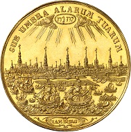 No. 223: Hamburg. Bankportugalöser worth 10 ducats 1665. Very fine. Almost FDC. Estimate: 20,000 euros.