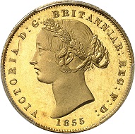 No. 869: Australia. Victoria, 1837-1901. Sovereign 1855, London. Trial piece. Probably only three privately-owned specimens. Proof. Estimate: 125,000 euros.