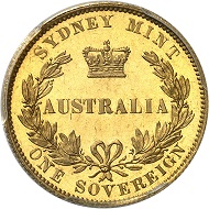 No. 869: Australia. Victoria, 1837-1901. Sovereign 1855, London. Trial piece. Probably only three privately-owned specimens. Proof. Estimate: 125,000 euros.